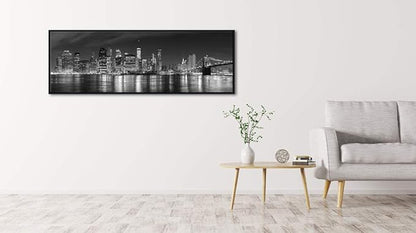Wieco Art Framed Wall Art New York Manhattan Night View Black and White Wall Decor Canvas Prints Modern Canvas PrintsCityscape Pictures Paintings on Canvas for Bedroom and Living Room