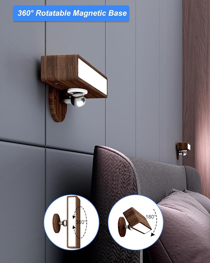 YiLaie Rechargeable Wall Lights for Bedroom,Battery Operated Wall Sconce with Remote Control, Wireless Wall Mount Lamp with 3 Color Temperature for Bedroom,Wood Wall Lights Dimmable,Bedside Reading
