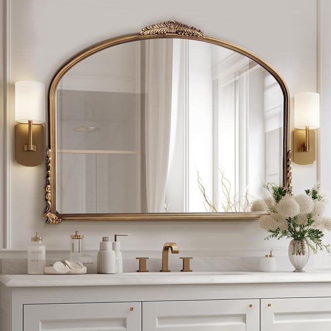 OUSHUAI Gold Vintage Wall Mirror,Antique Wide Mirror Decor,Arched Big Mirror for Entryway/Bathroom/Fireplace 37"X29"