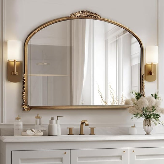 OUSHUAI Gold Vintage Wall Mirror,Antique Wide Mirror Decor,Arched Big Mirror for Entryway/Bathroom/Fireplace 37"X29"