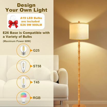 Vinaco 64" Rustic Farmhouse Floor Lamp, 3 Color Temperatures Wood Floor Lamp, Retro Standing Lamps with Rotary Switch, Tall Lamps for Living Room, Bedroom CornerOffice, Dining Room(9W Bulb Included)