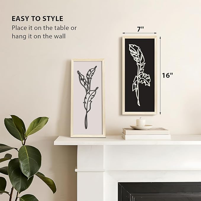 VIYYIEA Wooden 3d Floral Bathroom Wall Decor, Ready-to-Hang Framed Wall Art For Living Room, Bedroom and Office, Boho Botanical Farmhouse Decoration, Lightweight but Valuable Gift (7x16 In, set of 2)
