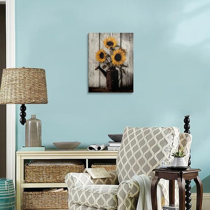Farmhouse Sunflower Canvas Wall Art Framed Print Rustic Still Life with Vintage Watering Can on Whitewashed Wood Wall Decor Artwork for Kitchen Country Decor 16x24 Inches