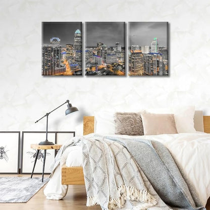 TUMOVO Charlotte North Carolina Skyline Black and White Wall Art 3 Pieces Nighttime Lightscape Bedroom Living Room City Skyline Wall Decor for Living Room Framed Ready to Hang (36" Wx16 H)