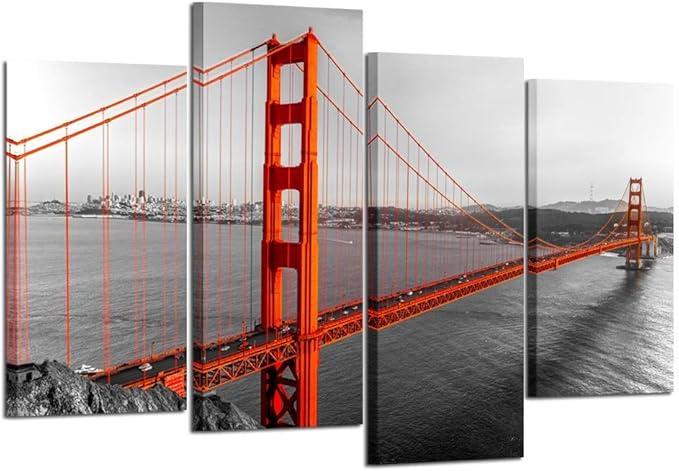 KREATIVE ARTS Extra Large 4 Pieces Black White and Red Canvas Prints Wall Art San Francisco Golden Gate Bridge Pictures Cityscape Painting Printed on Canvas Art Work for Walls Decoration L64xH43