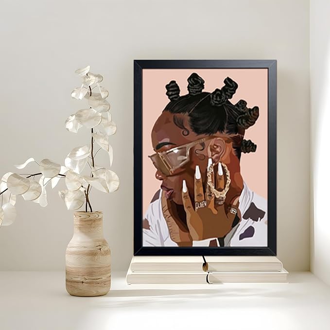 Black Girl Canvas Wall Art, African American Fashion Woman Illustration with, Black Wood Framed Vintage Wall Decor, Girls Room Poster Print for Bedroom Living Room Office 12x16 Inch