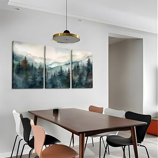 AKWISH Framed Green Forest Canvas Wall Art Set of 3, Boho Misty Watercolor Pine Tree Wall Decor Art, Nature Scenery Foggy Mountain Posters Prints for Living Room, Bedroom, Office 16x24 In