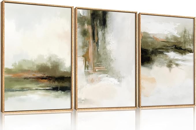 KAIRNE Green Abstract Neutral Framed Canvas Wall Art Set,Modern Watercolor Shapes Wall Decor,Minimalist Pastel Art Prints,Brown Gray Tan Artwork for Living Room,Bedroom,Farmhouse,Office-16 x24 x3