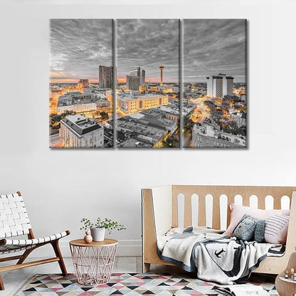 TUMOVO American Cityscape Black and White Wall Art 3 Panels San Antonio Skyscrapers City Skyline Wall Decor Living Room Nighttime Lightscape Modern Home Decor Framed Ready to Hang (36" Wx24 H)