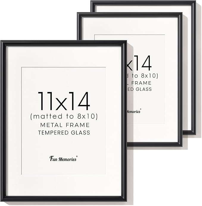 Fun Memories Black 11x14 Picture Frame Set of 3, Metal 11 x 14 Photo Frames for Wall, 11 by 14 Aluminum Frame with Real Glass, Matted to 8x10, 11"x14" Modern Wall Gallery Frame Set