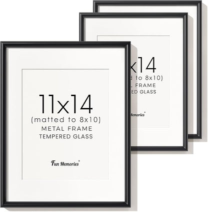 Fun Memories Black 11x14 Picture Frame Set of 3, Metal 11 x 14 Photo Frames for Wall, 11 by 14 Aluminum Frame with Real Glass, Matted to 8x10, 11"x14" Modern Wall Gallery Frame Set
