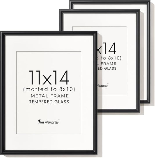 Fun Memories Black 11x14 Picture Frame Set of 3, Metal 11 x 14 Photo Frames for Wall, 11 by 14 Aluminum Frame with Real Glass, Matted to 8x10, 11"x14" Modern Wall Gallery Frame Set