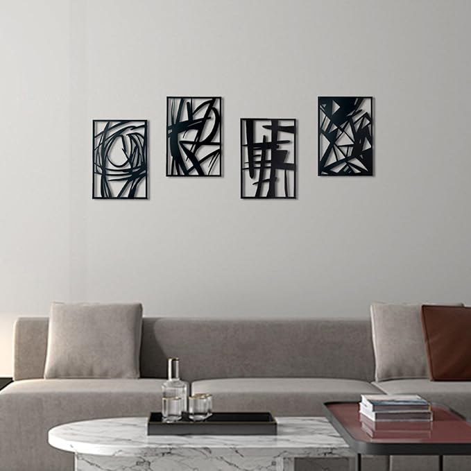OYEFLY 4 Pack Abstract Metal Wall Art,Minimalist Art Decoration for Living Room Bedroom Bathroom Study (Black, 9.4 x 6.5inch)