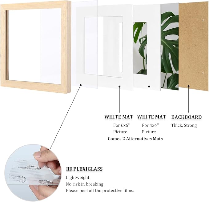 Egofine 8x8 Picture Frames Made of Solid Wood with Plexiglass, Display Pictures 4x4/6x6 with Mat or 8x8 Without Mat Set of 4 for Tabletop and Wall Mounting, Oak Wood