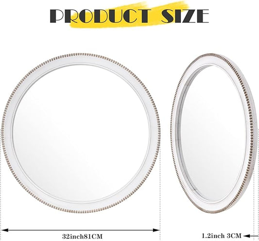 sawsile Round Wood Mirror,32 inch Circle Rustic Farmhouse White Wooden Frame Boho Beads Wall Mirror for Bathroom,Living Room,Bedroom or Entryway