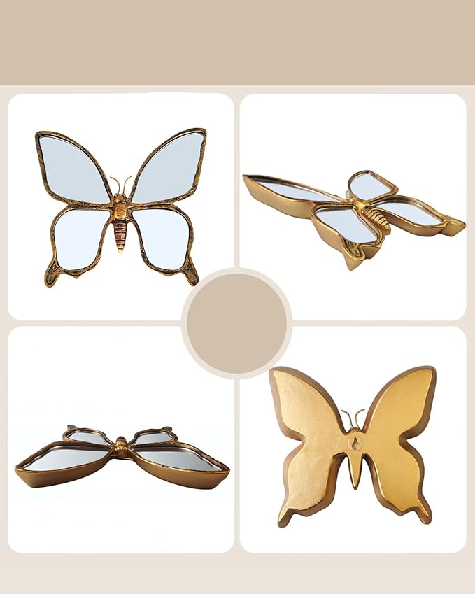 Dragonfly Wall Mirror Decor, Butterfly Art Wall Mirrors, Retro Gold Resin Decorative Wall Mirror, Creative Home Decoration for Living Room Bedroom (Butterfly)
