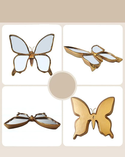 Dragonfly Wall Mirror Decor, Butterfly Art Wall Mirrors, Retro Gold Resin Decorative Wall Mirror, Creative Home Decoration for Living Room Bedroom (Butterfly)