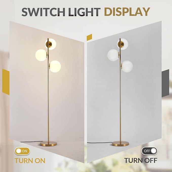 BOKT Modern Gold Floor Lamps Mid Century 3-Light Globe Standing Lamp Tall Pole Floor Light with Frosted Glass Contemporary Adjustable Floor Lamp for Living Room Reading Bedroom…