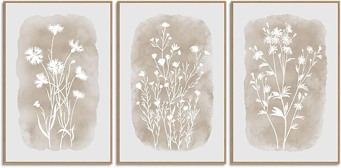 Neutral Wildflower Wall Art Framed Boho Botanical Large Vintage Farmhouse Minimalist Floral Beige Canvas Wall Decor Prints for Living Room Bedroom Office, 3 Panels, 24x36 Inch