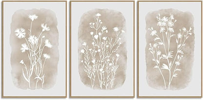 Neutral Wildflower Wall Art Framed Boho Botanical Large Vintage Farmhouse Minimalist Floral Beige Canvas Wall Decor Prints for Living Room Bedroom Office, 3 Panels, 24x36 Inch