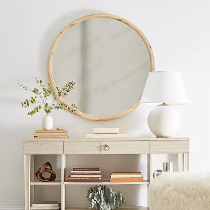 sawsile Round Wood Mirror 24" Natural Circle Wooden Nursery Farmhouse Rustic Decorative Large Wall Mirror for Bathroom,Living Room, Fireplace,Hallway