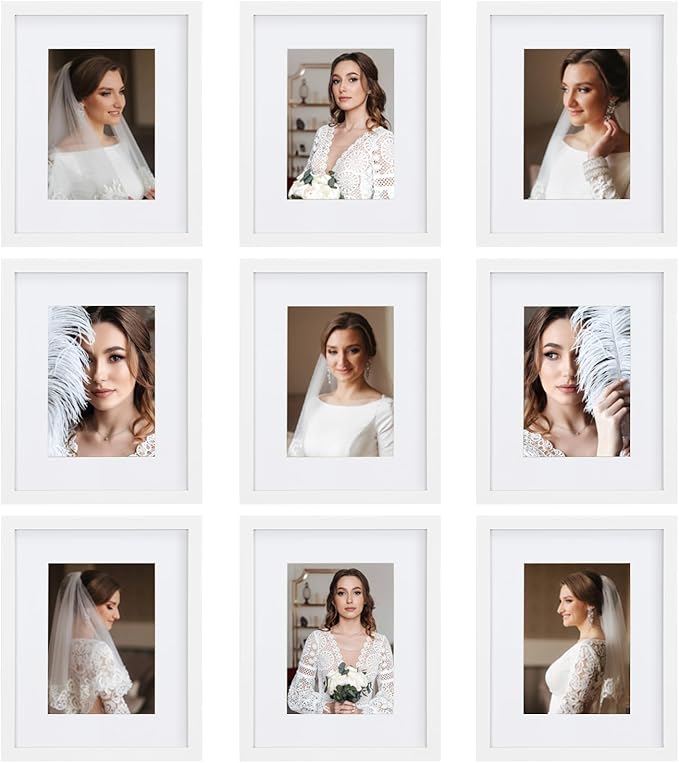 8x10 Picture Frame Set of 9, Display Pictures 5x7 with Mat or 8x10 without Mat, Multi Collage Gallery Square Photo Frames for Wall or Tabletop, White