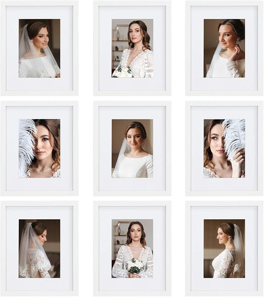 8x10 Picture Frame Set of 9, Display Pictures 5x7 with Mat or 8x10 without Mat, Multi Collage Gallery Square Photo Frames for Wall or Tabletop, White