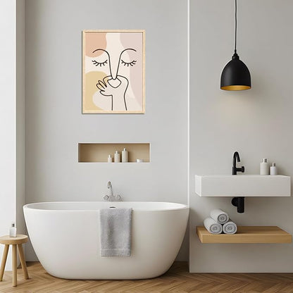 Cyebmo Boho Funny Bathroom Wall Art, Abstract Minimalist Face Line Art Wall Decor, Neutral Aesthetic Art Print, Modern Beige Poster Painting for Bedroom Living Room, Wood Framed 16x24 Inch