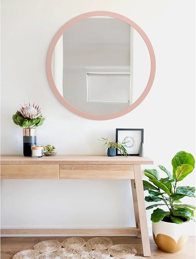 JJUUYOU Round Wall Mirror Circle Mirror Vintage Wood Frame Mounted Mirrors for Wall Bathroom Living Room Bedroom Dormitory Washroom Mirrors,Pink