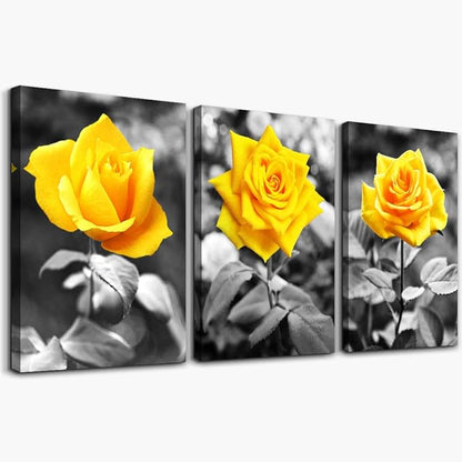 Canvas Wall Art For Bedroom Living Room Bathroom Wall Decor For Kitchen Wall Pictures Artwork Black And White Yellow Rose Flowers Paintings 12" X 16" 3 Pieces Framed Modern Office Home Decorations
