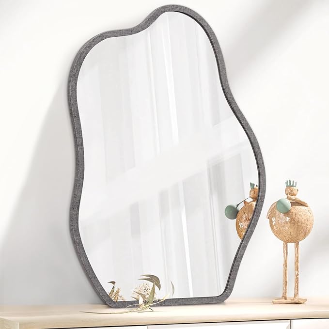 Irregular Wood Frame Asymmetrical Wall Mirror - Modern Unique Cloud Wall Mirror - Decorative Vanity Bathroom Living Room Bedroom Entryway Hallway Artistic Mirror - 26"x18"