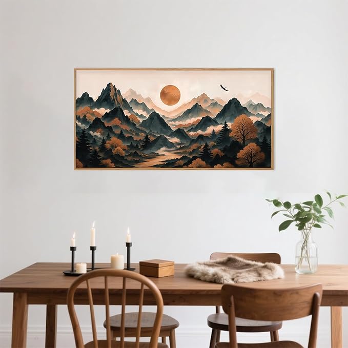 Large Boho Mountain Framed Canvas Wall Art Set,Brown Ridge Landscape Wall Decor,Pine Tree Scenery Wall Painting,Sunrise Abstract Wilderness Art Print for Living Room,Bedroom,Office - 20X40