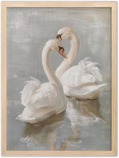 Vintage Framed Swan Canvas Wall Art Country Farmhouse Retro Romantic Elegant Animal Painting Picture Bathroom Wall Decor Watercolor Classical Artwork for living Room Bedroom 12x16 Inch