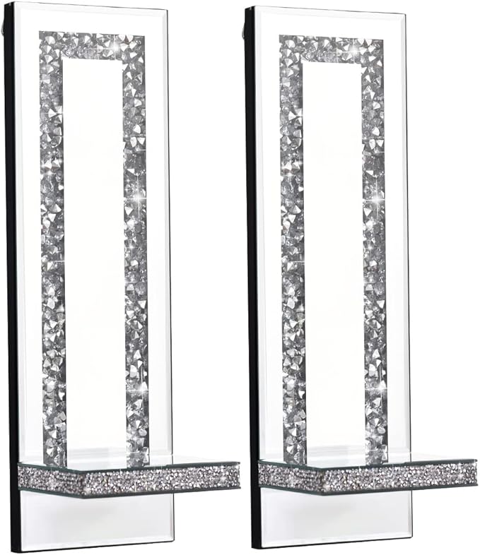 Aeveco Crystal Crush Diamond Mirrored Candle Sconces, Silver Wall Candle Holder Set of 2, Wall Decorations for Living Room，Dining Room (Rectangle Stripe (Style 4))