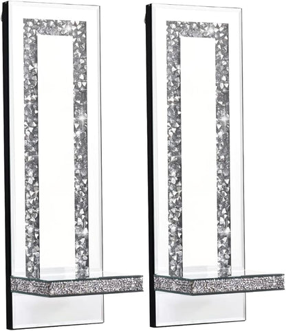 Aeveco Crystal Crush Diamond Mirrored Candle Sconces, Silver Wall Candle Holder Set of 2, Wall Decorations for Living Room，Dining Room (Rectangle Stripe (Style 4))