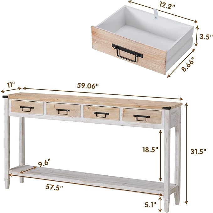 RUSTOWN Farmhouse Console Table with 4 Drawer, 60" Long Rustic Entryway Table with Open Storage Shelves and Handmade Metal Handle, Narrow Foyer Sofa Table for Living Room, Entryway, Hallway(White)
