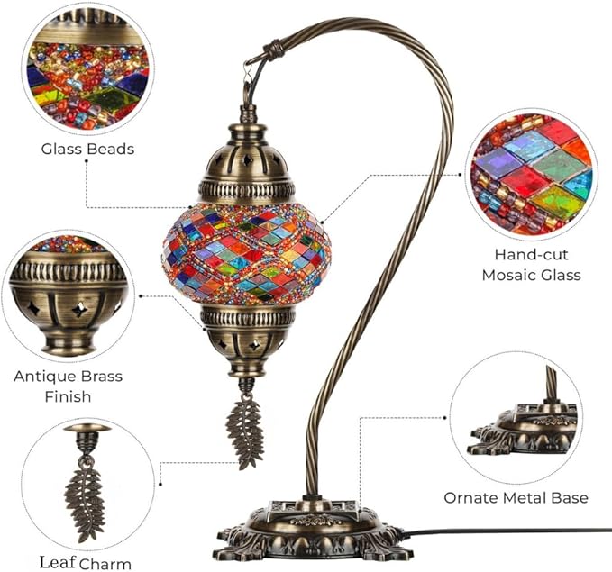 DEMMEX Turkish Moroccan Mosaic Table Lamp – Handcrafted Tiffany-Style Colorful Glass Swan Neck Bedside, Desk, Table Light, Boho Artisan Accent Lighting for Bedroom or Living Room – 15" H, Black White