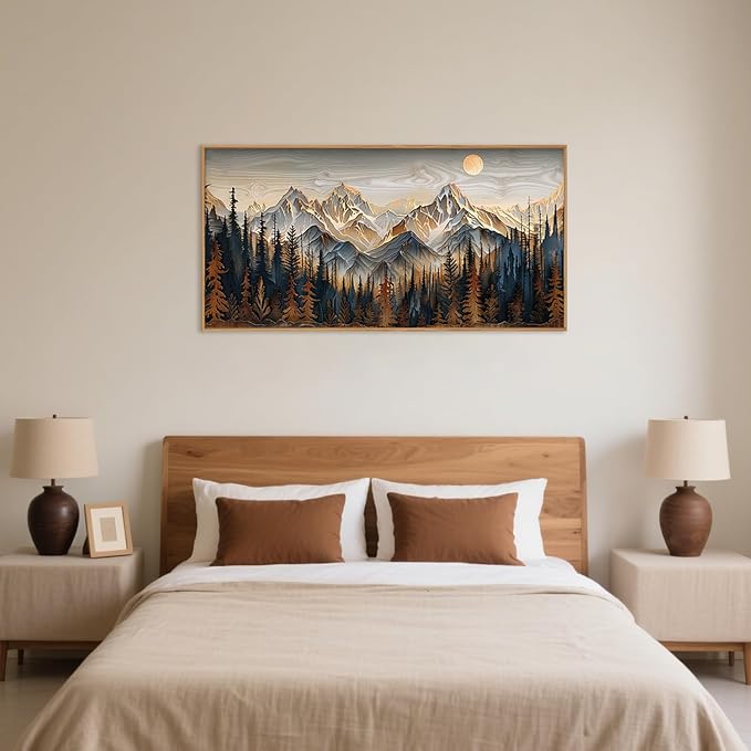 Mountain Wood Framed Canvas Wall Art Set,Rustic Pine Trees Wall Painting,Boho Ridge Scenery Wall Decor,Natural Sun Landscape Art Print for Living Room,Bedroom,Dining Room,Office-20 x40 x1