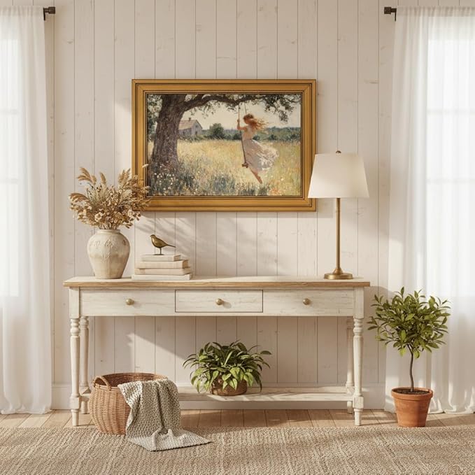 Vintage Gold Framed Canvas Wall Art, Swing Girl Poster Artwork, Country Landscape Print Picture, English Cottage Wildflorals Painting Wall Decor, for Living Room, Bedroom, Home Decoration, 12x16in
