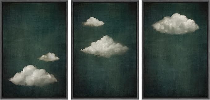 SIGNLEADER Framed Canvas Print Wall Art Set Vintage Cloudscape Dreamy Green Sky and Clouds Illustrations Boho Decorative for Living Room, Bedroom, Office - 16"x24"x3 Black