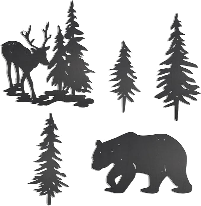 OYEFLY 5 Pieces Deer Bear Pine Tree Wall Decor,Rustic Wood Art Wall Decor (Black)