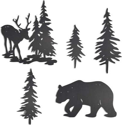 OYEFLY 5 Pieces Deer Bear Pine Tree Wall Decor,Rustic Wood Art Wall Decor (Black)