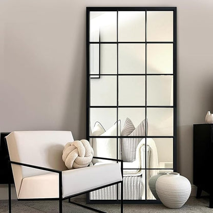 OUSHUAI Balck Full Length Mirror,Window Pane Grid Minimalism Long Floor Wall Mounted Mirrors for Entryway,Hallway,Living Room,Fireplace 22"X53"
