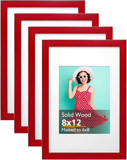 KINLINK 8x12 Picture Frames Red, Solid Wood Frames with Acrylic Plexiglass for 6x8 with Mat or 8x12 without Mat, Tabletop and Wall Display Photo Frame, 4 Pack