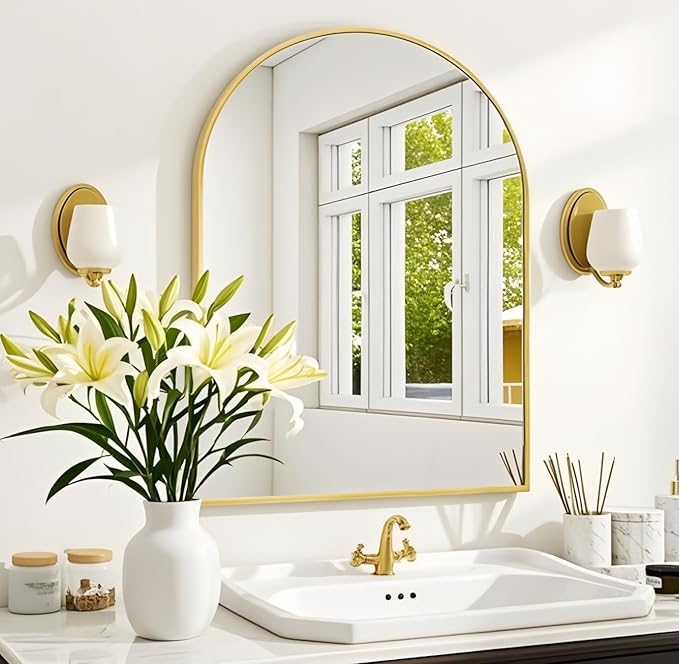 Dewfig Arched Wall-Mounted Mirror, 20"x30" Arch Bathroom Mirror, Gold Vanity Mirror for Wall Décor, Wall Mirror with Metal Frame for Bedroom, Entryway, Living Room, Brushed Gold
