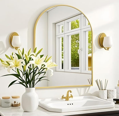 Dewfig Arched Wall-Mounted Mirror, 20"x30" Arch Bathroom Mirror, Gold Vanity Mirror for Wall Décor, Wall Mirror with Metal Frame for Bedroom, Entryway, Living Room, Brushed Gold