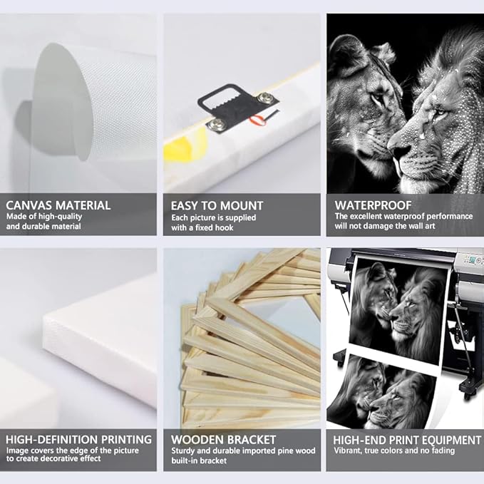 Black and White Lion Wall Art for Living Room Decor 3 Panels Wild Animals Pictures Wall Decor Modern Lion and Lioness Posters Prints Artwork, Framed 24" W x 36" H x 3pcs