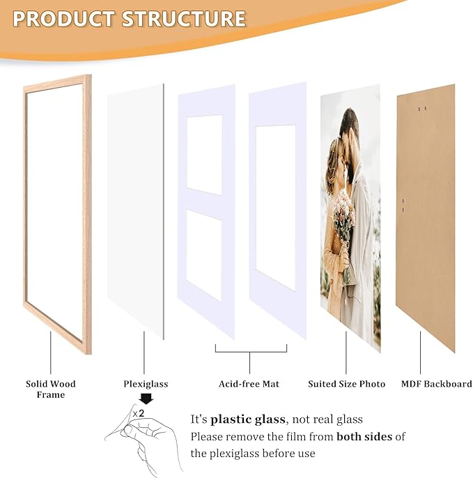 11x14 Picture Frame, OAK Wood Photo Frame 8x10 with Mat or 5x7 with 2 Mat with Perspex Glass for Vertical or Horizontal Tabletop Wall Display for Photo, Painting, Poster, Set of 3