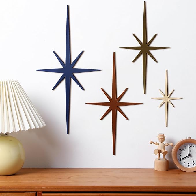 Blulu 4 Pcs Cast Iron Starburst Shaped Wall Decor Metal Mid Century Modern Decor Retro Atomic Stars Wall Art Elegance Accents Vintage Celestial Whimsigoth Hangings for Home Office Room(Neutral)
