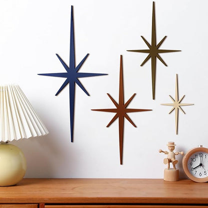 Blulu 4 Pcs Cast Iron Starburst Shaped Wall Decor Metal Mid Century Modern Decor Retro Atomic Stars Wall Art Elegance Accents Vintage Celestial Whimsigoth Hangings for Home Office Room(Neutral)